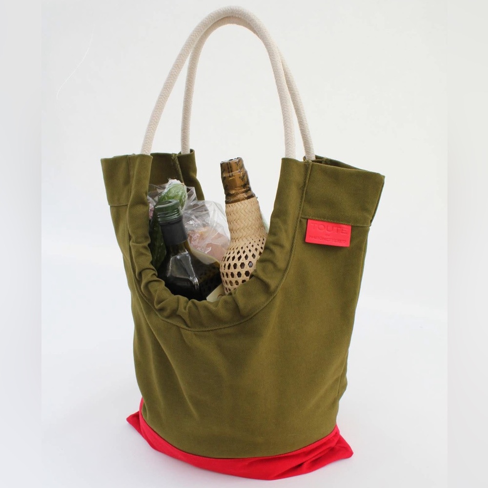 Large Olive and red canvas roomy & stylish tote bag by Toute by Maisonette 1977
